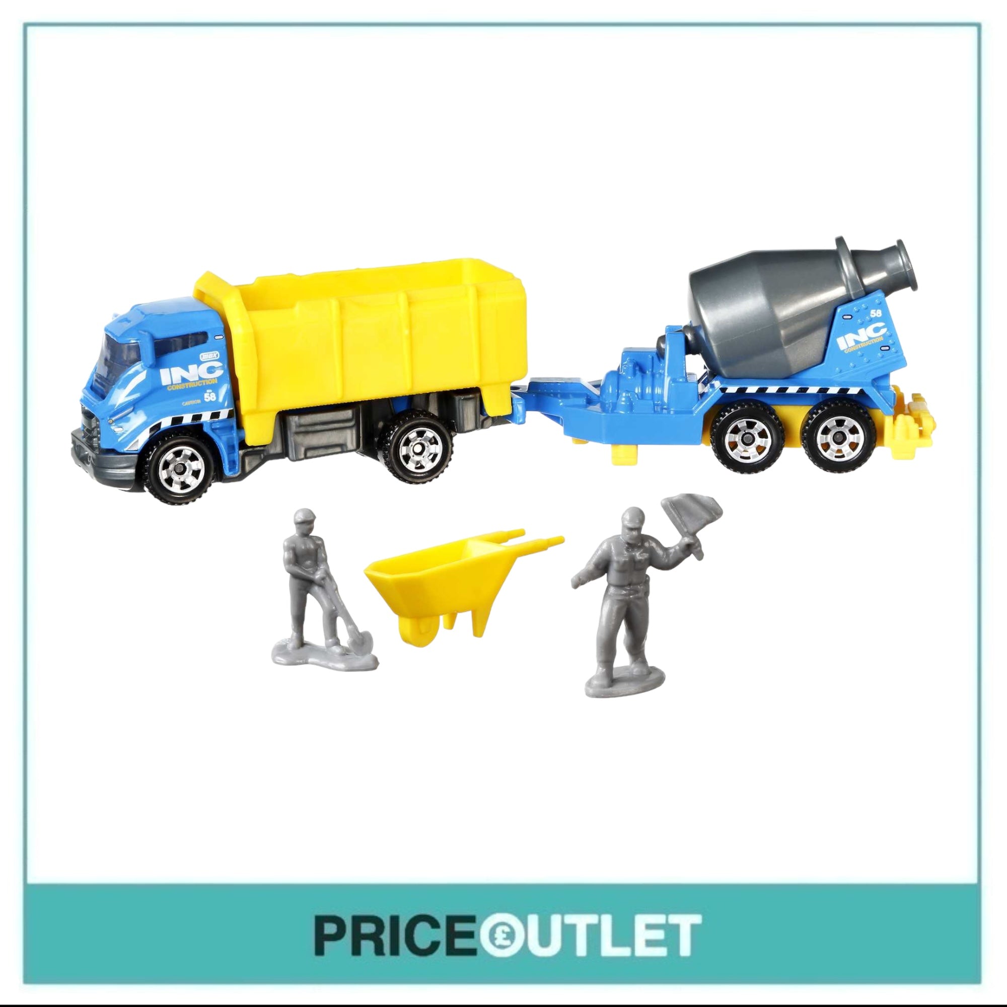 Matchbox Hitch & Haul MBX Construction Zone 2/8 - Set Cantiere Con Rimorchio Cemento E Figure, Colori Blu/Giallo