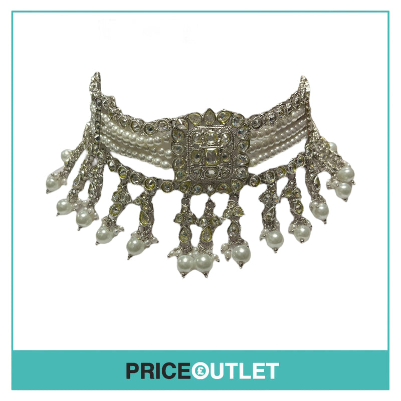 Dhiral's Creations - Silver and Green Earrings, Choker and Headpiece Jewellery Set - BRAND NEW IN BAG