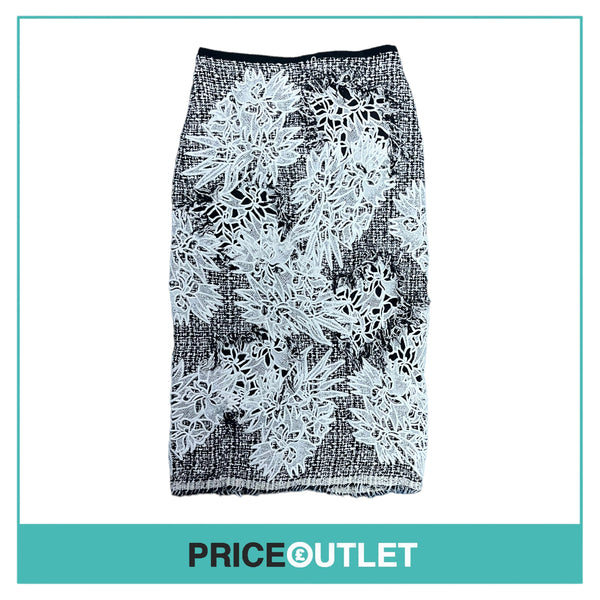 Erdem - Black and White Tweed Skirt with White Floral Embroidery - Size 8 - BRAND NEW WITH TAGS
