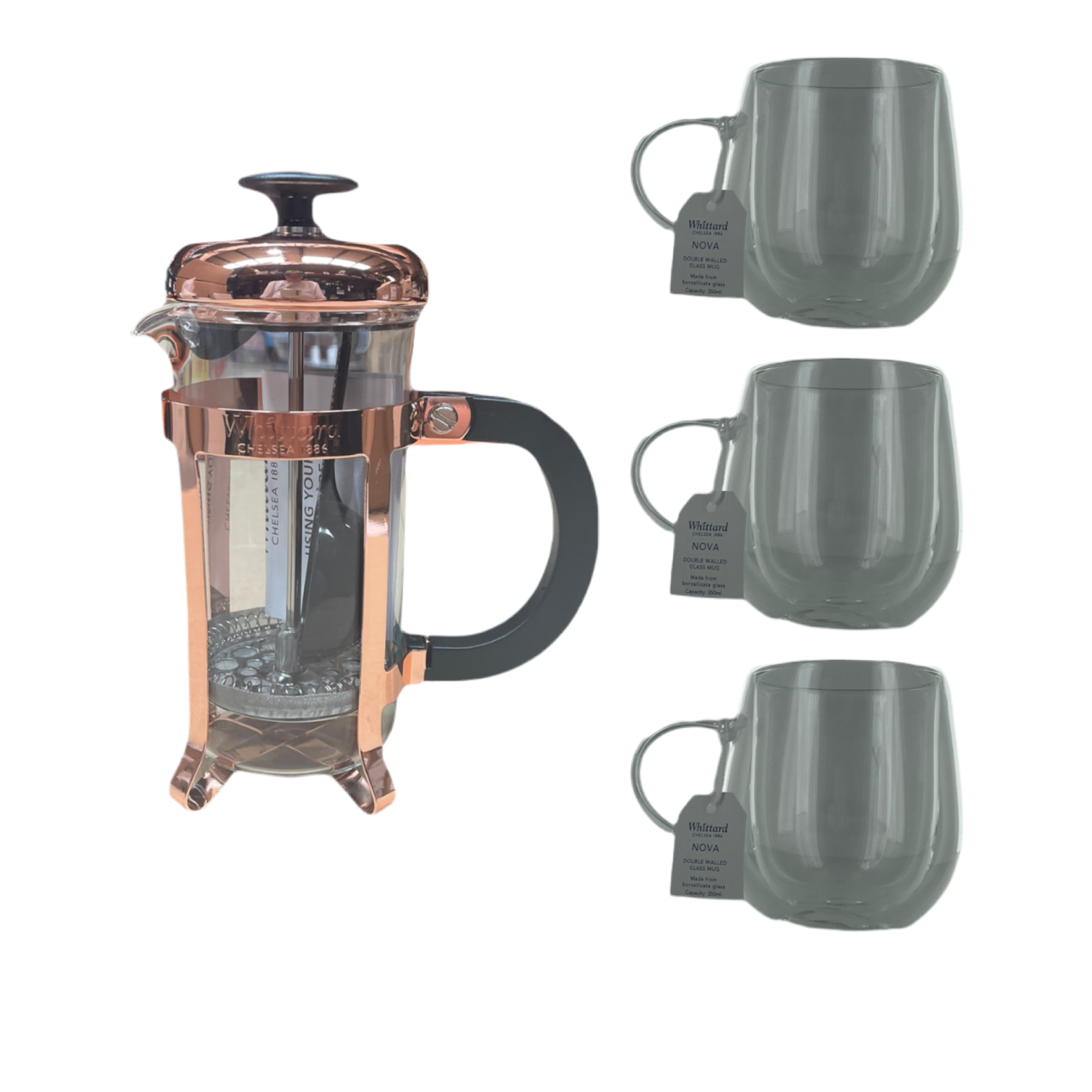 Whittard 3 Cup Cafetière + 3 x Whittard Nova double walled mug