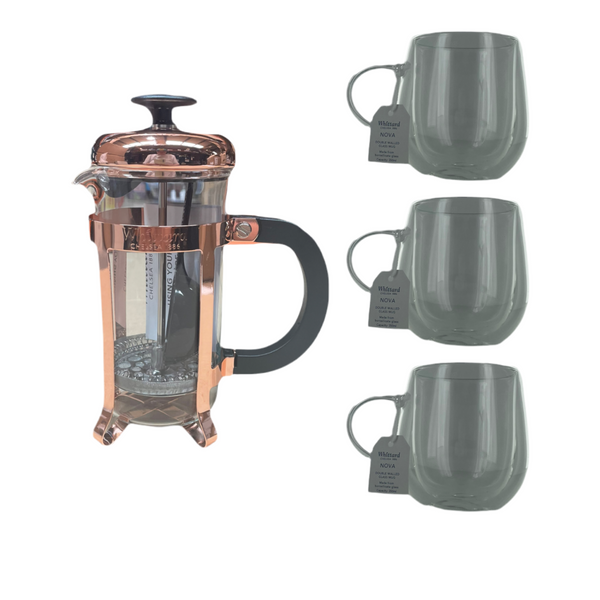 Whittard 3 Cup Cafetière + 3 x Whittard Nova double walled mug