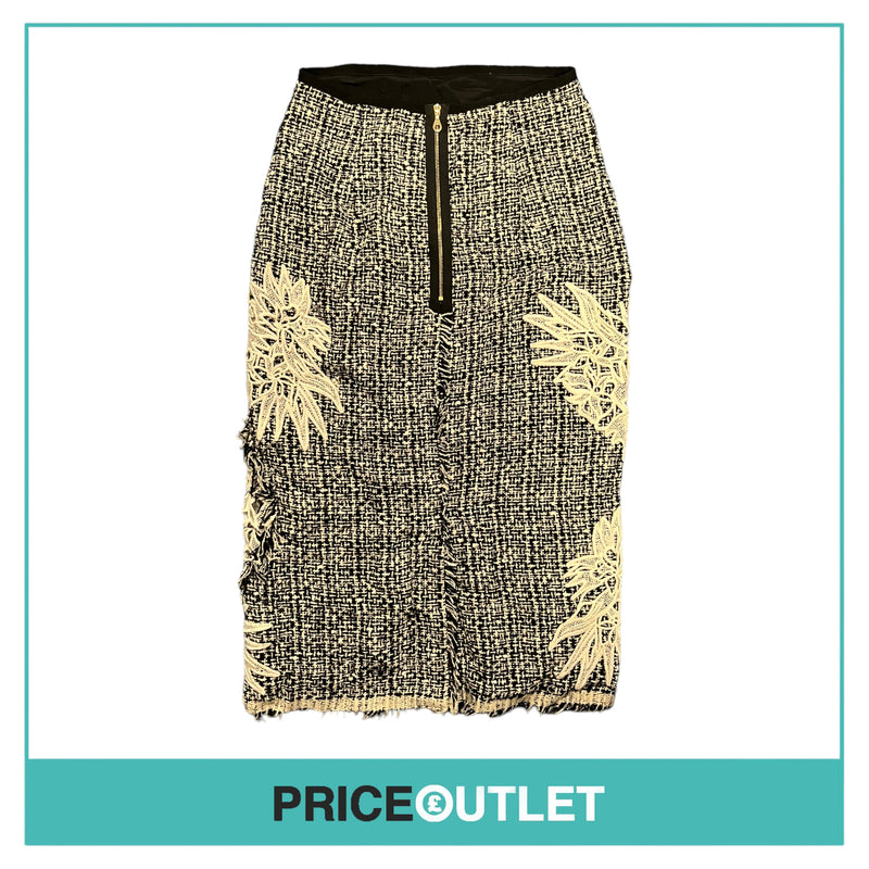 Erdem - Black and White Tweed Skirt with White Floral Embroidery - Size 8 - BRAND NEW WITH TAGS