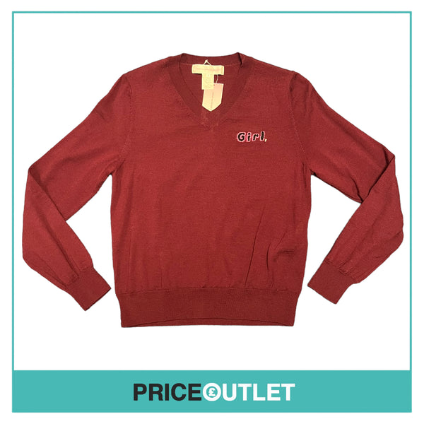 Comme des Garçons Shirt - Womens Burgundy Jumper with 'Girl' Logo - Size L - BRAND NEW WITH TAGS