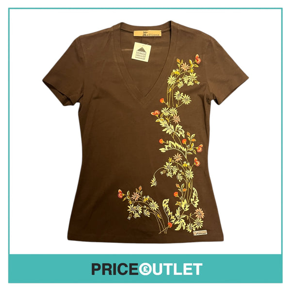 John Galliano - Brown T-Shirt with Floral Embroidery - Size S - BRAND NEW WITH TAGS
