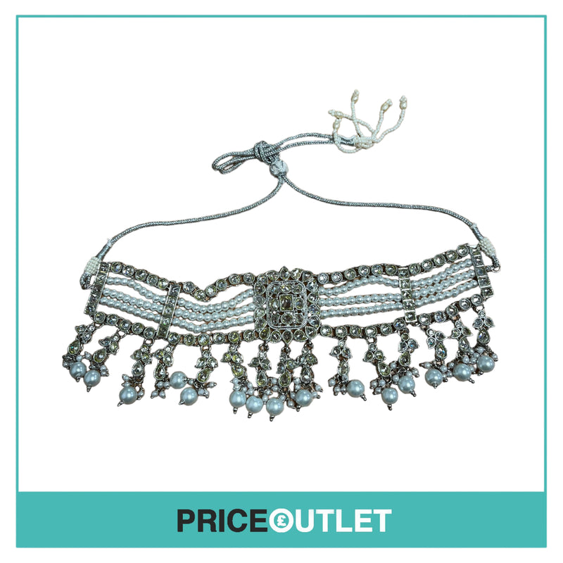 Dhiral's Creations - Silver and Green Earrings, Choker and Headpiece Jewellery Set - BRAND NEW IN BAG