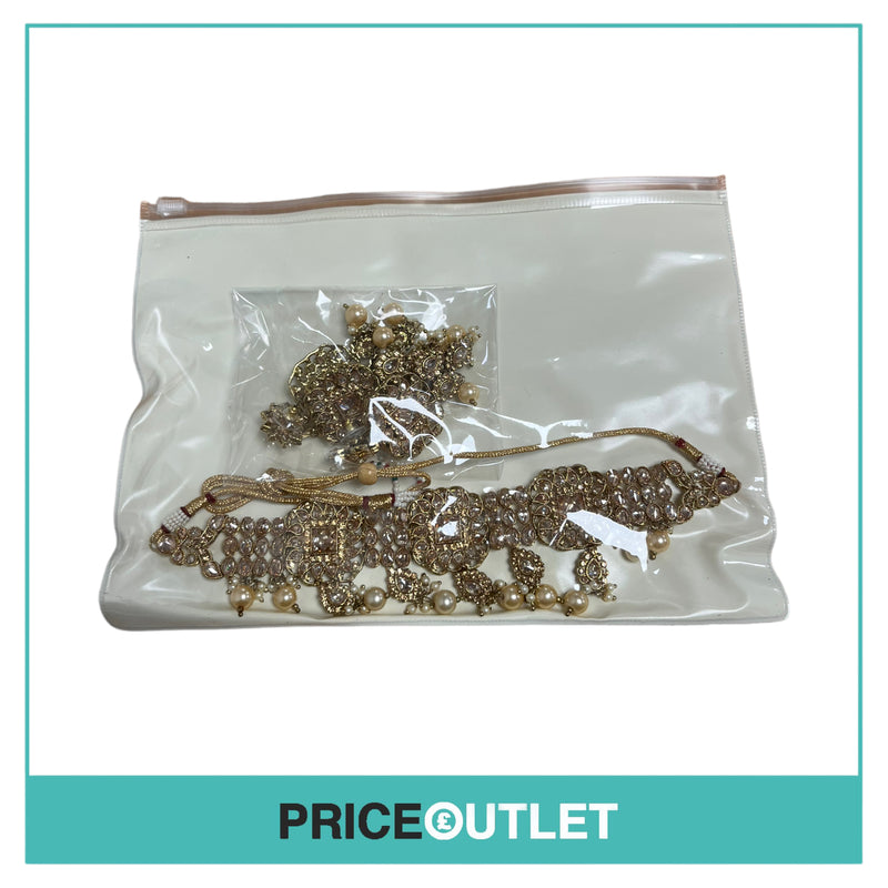Dhiral's Creations - Gold Earrings, Choker and Headpiece Jewellery Set - BRAND NEW IN BAG