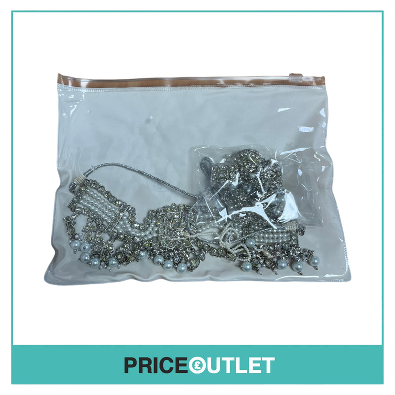 Dhiral's Creations - Silver and Green Earrings, Choker and Headpiece Jewellery Set - BRAND NEW IN BAG