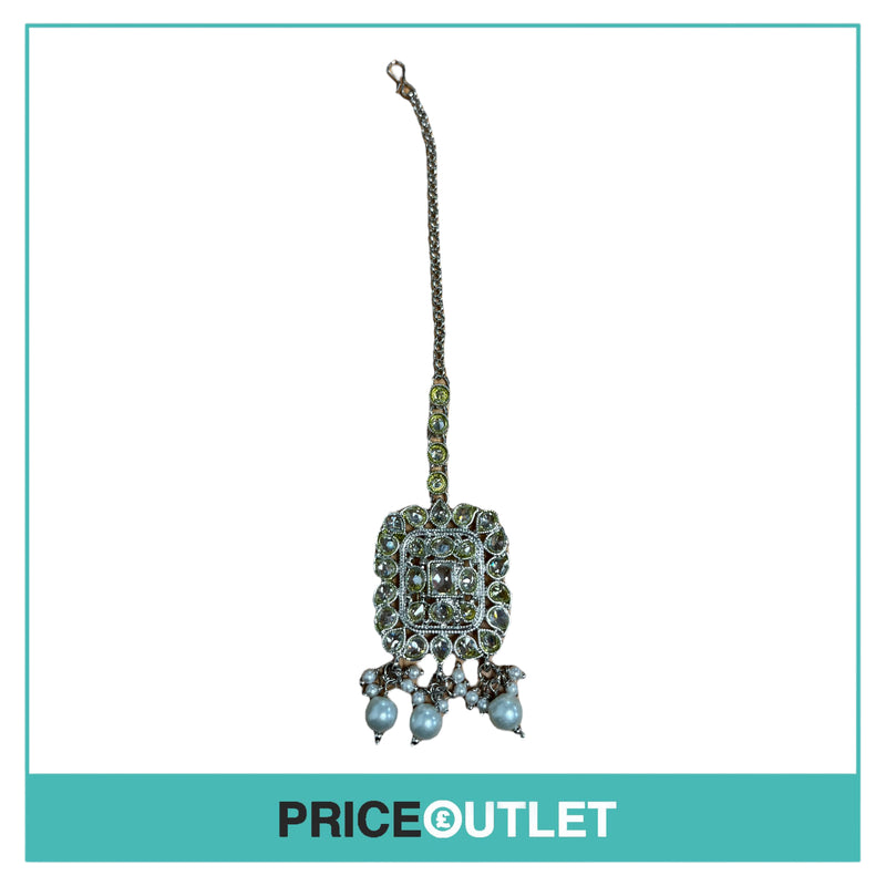 Dhiral's Creations - Silver and Green Earrings, Choker and Headpiece Jewellery Set - BRAND NEW IN BAG