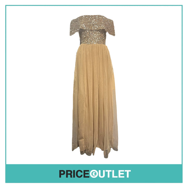 Maya Deluxe - Taupe Blush Bardot Embellished Maxi Dress - Size 16 - BRAND NEW WITH TAGS