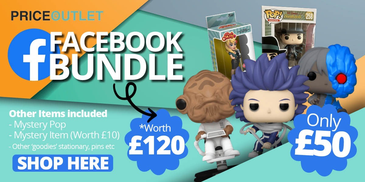 Promotional graphic for a Facebook bundle offer with Funko Pop! figures and text detailing the deal.