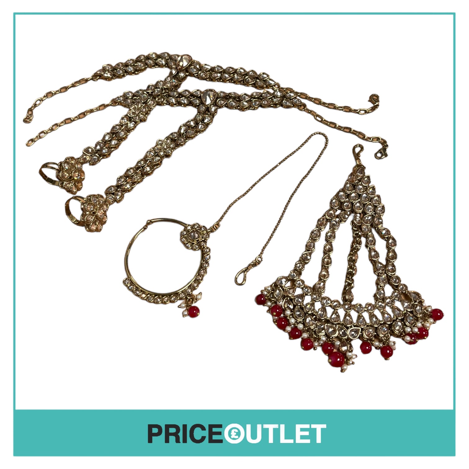 Dhiral's Creations - Gold and Red Necklace, Ring/Bracelet and Headpiece Jewellery Set - BRAND NEW IN BAG