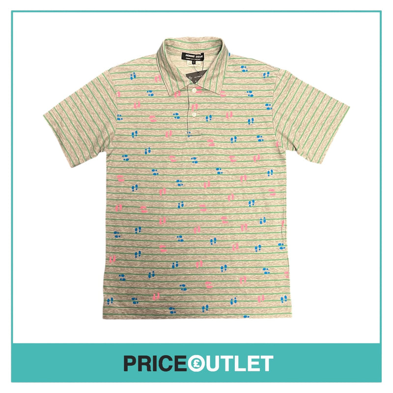 Comme des Garçons Homme Deux - Mens Striped Polo Shirt with Footprint Pattern - Size S - BRAND NEW WITH TAGS