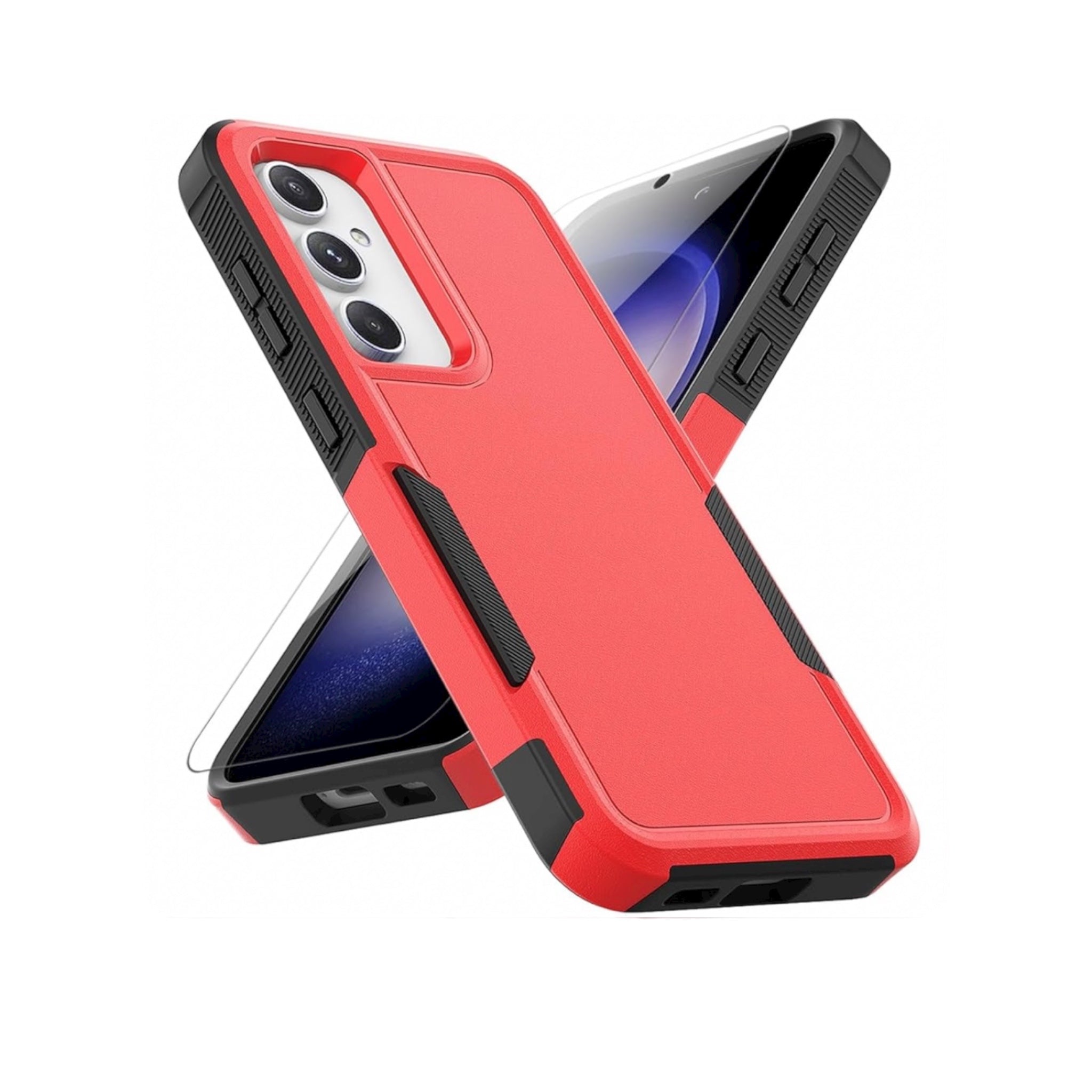 Red and black phone case on a white background