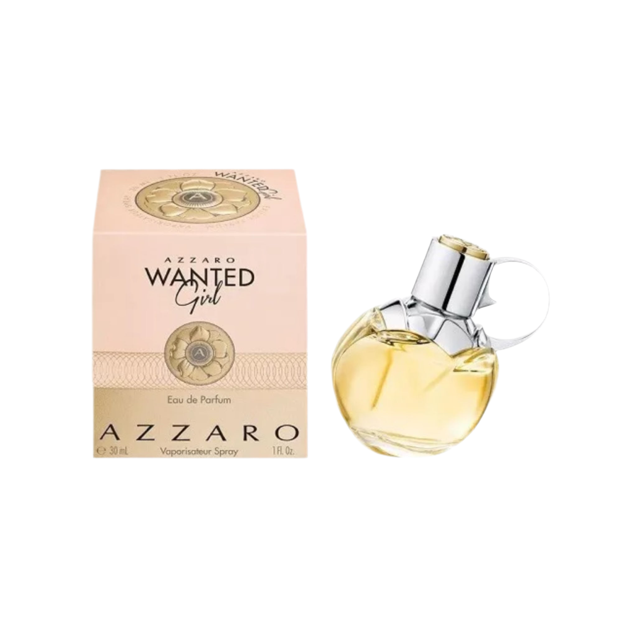 Azzaro Wanted Girl perfume bottle and packaging on a white background