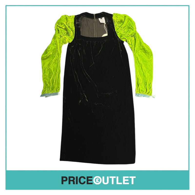 Thierry Colson - Black Velvet Dress with Green and Blue Sleeves - Size S - BRAND NEW WITH TAGS