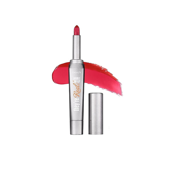 Lipstick with silver casing and red lipstick on a white background