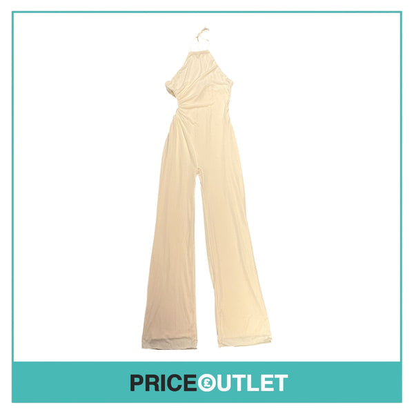 Oh Polly - Ivory Textured Jersey Halter Neck Ruched Cut Out Jumpsuit - Size 10 - BRAND NEW WITH TAGS