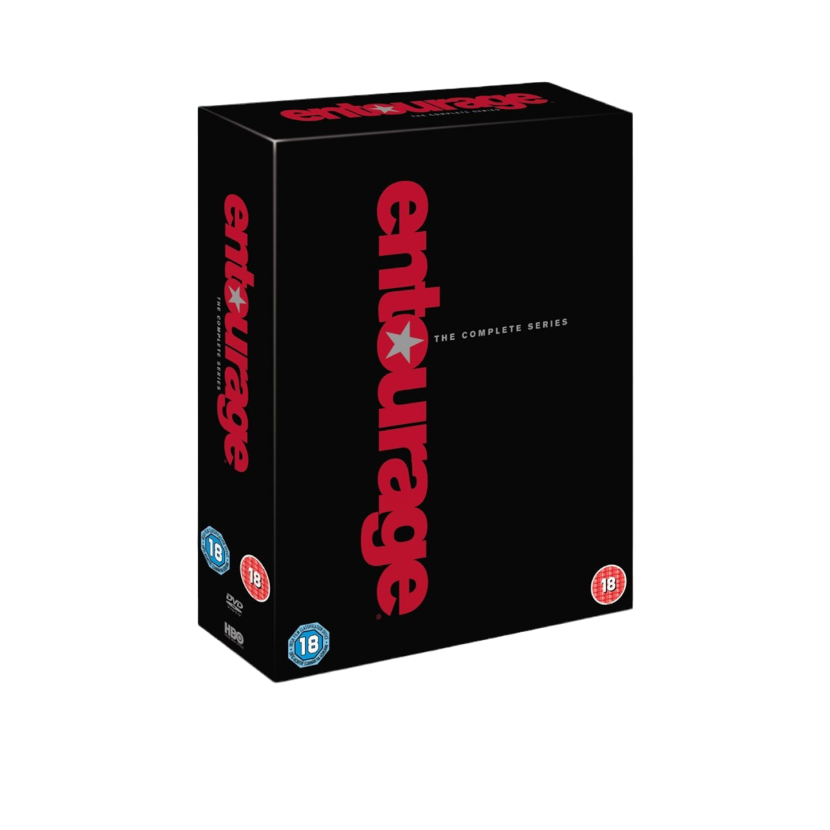 Black box with 'entourage - the complete series' branding on a white background