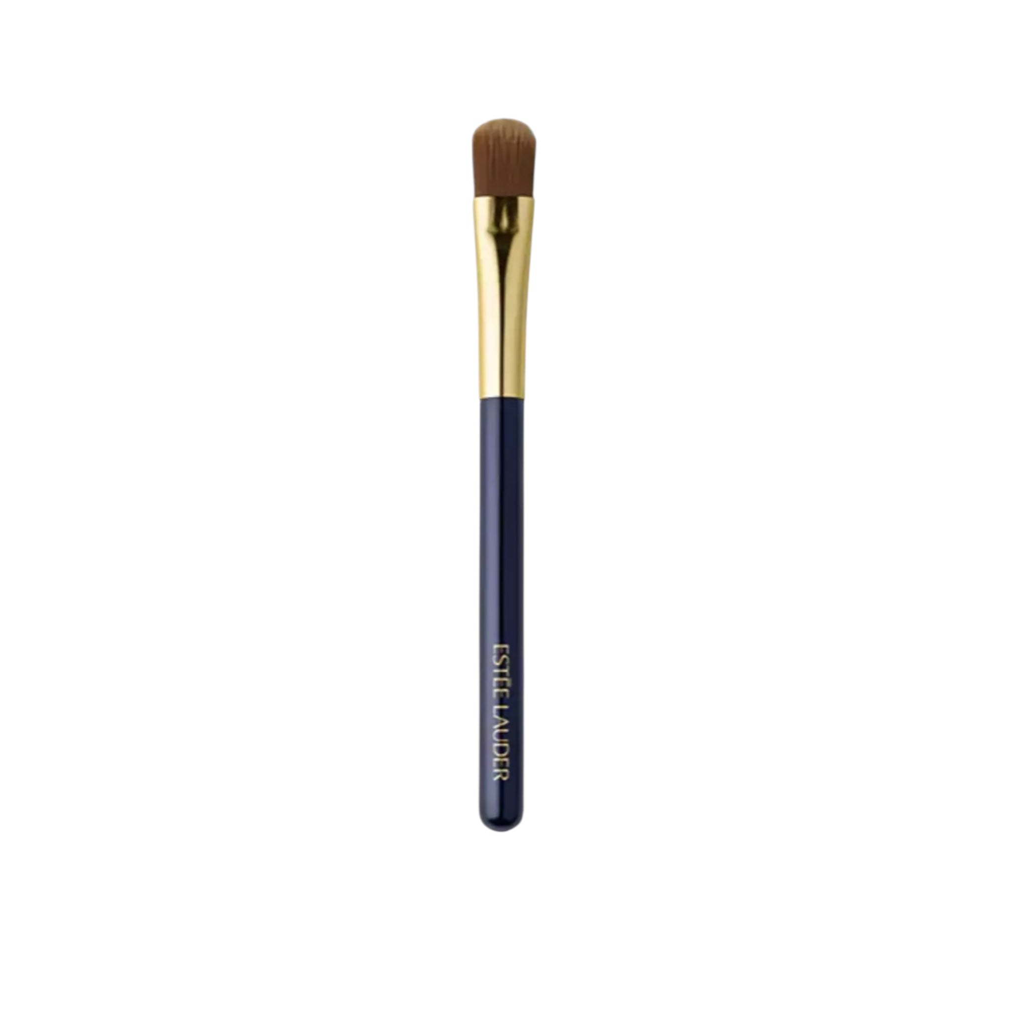 Estee Lauder Makeup brush with gold ferrule and black handle on a white background