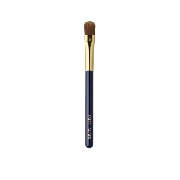 Estee Lauder Makeup brush with gold ferrule and black handle on a white background