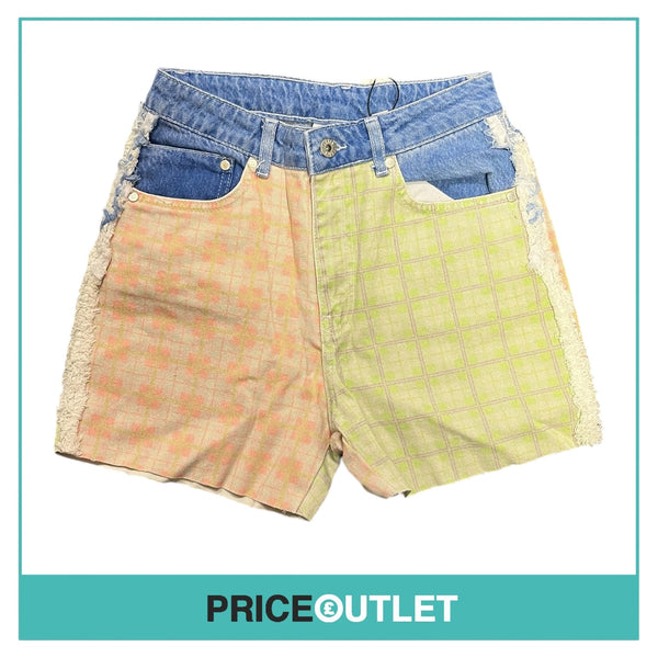 Ragged Jeans - Peach and Green Check Denim Pitch Shorts - Size 24 - BRAND NEW WITH TAGS