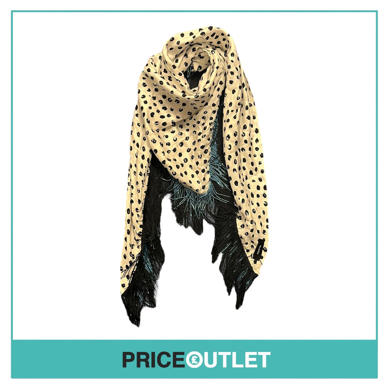 Prova - Black and White Scarf with Blue Beaded and Black Tassels - BRAND NEW WITH TAGS