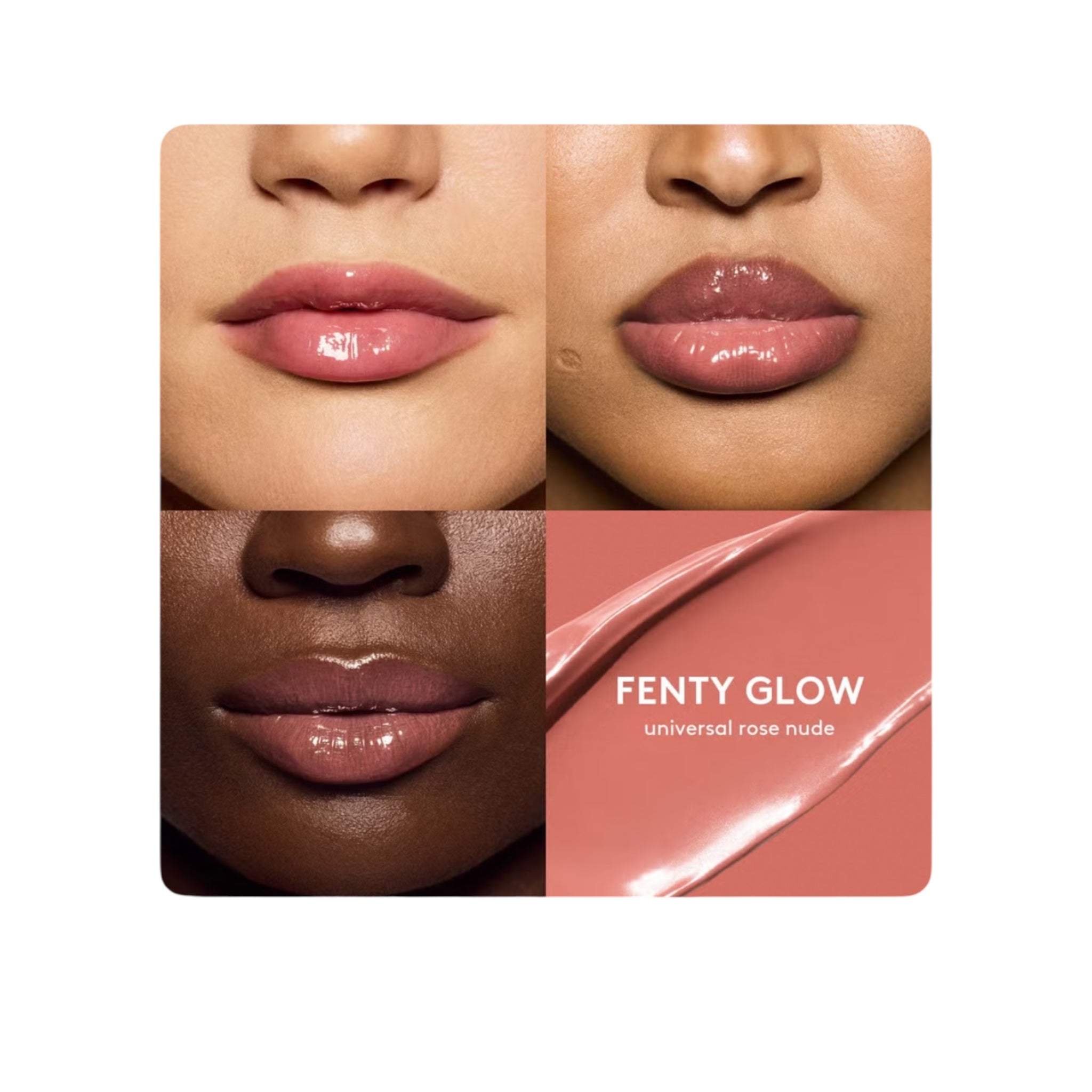 Lipstick shade swatch with 'Fenty Glow' label on a white background