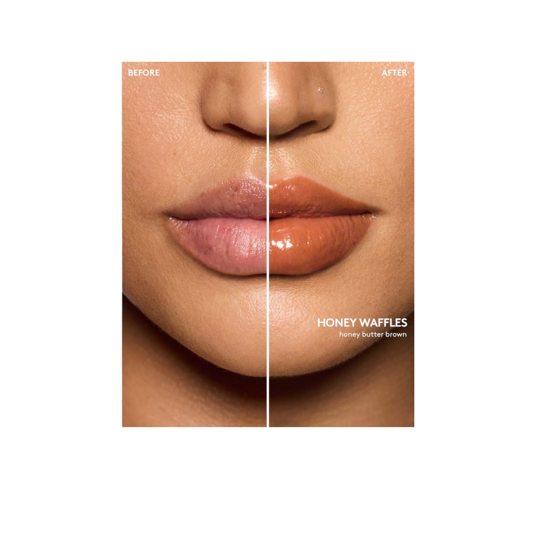 Before and after comparison of lips with 'Honey Waffles' lip color on a white background