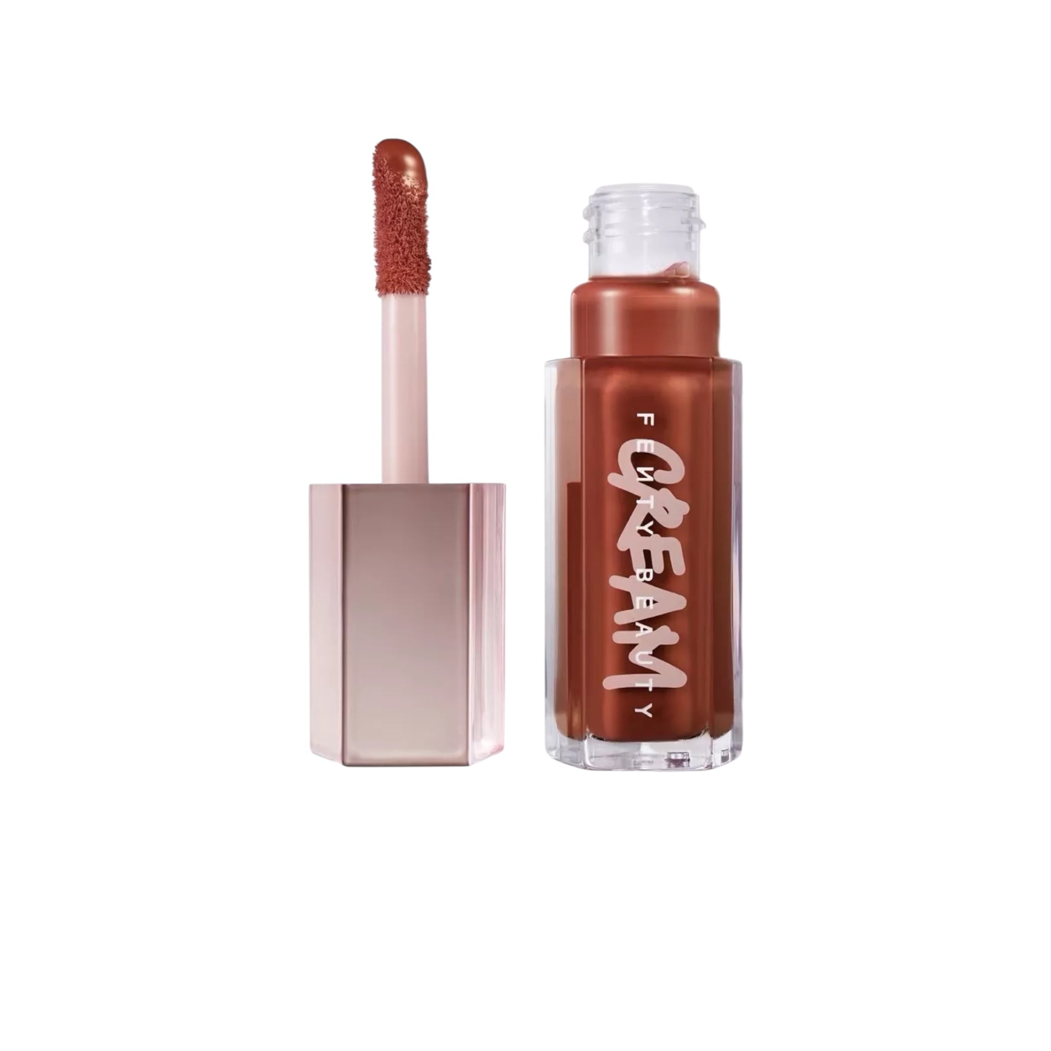 Lip gloss with applicator on a white background