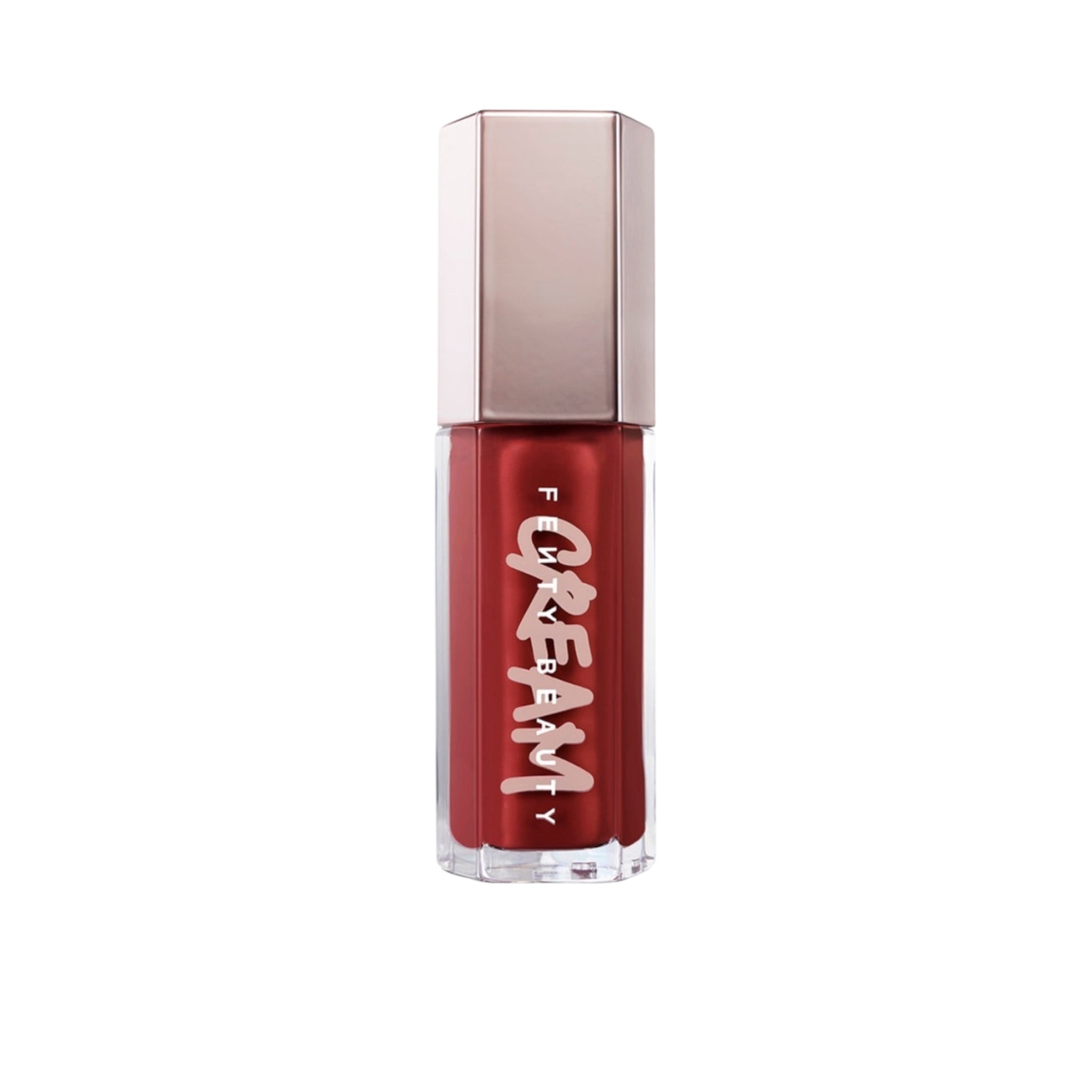 Red lip gloss with a silver cap on a white background