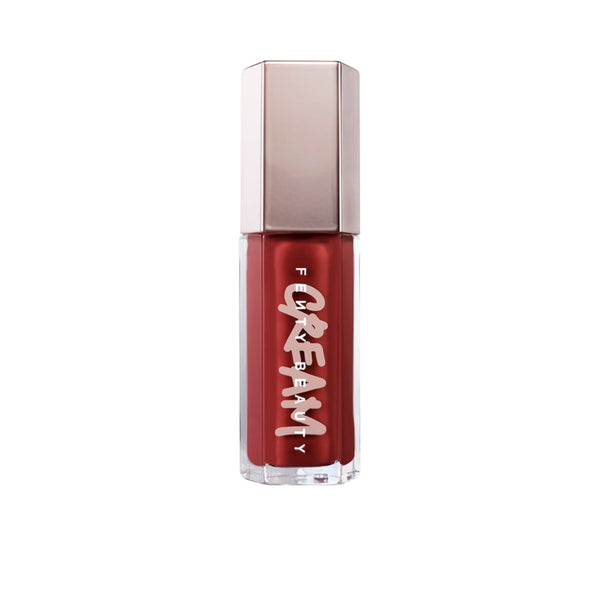 Red lip gloss with a silver cap on a white background