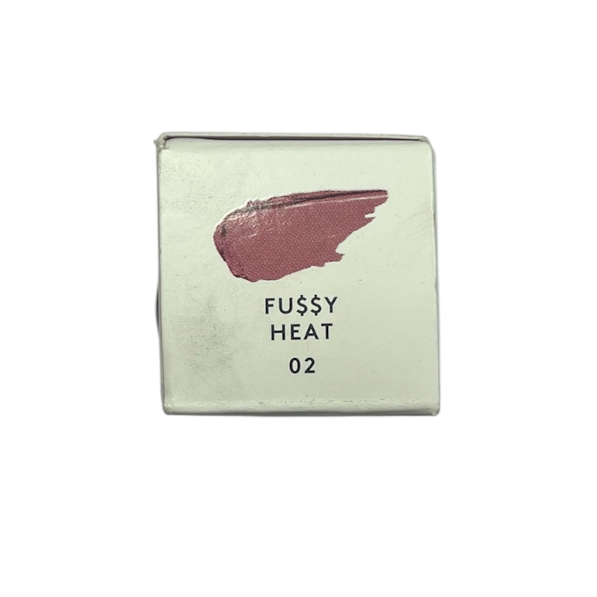 Cosmetic compact with pink shade and 'Fussy Heat 02' text on a light green background