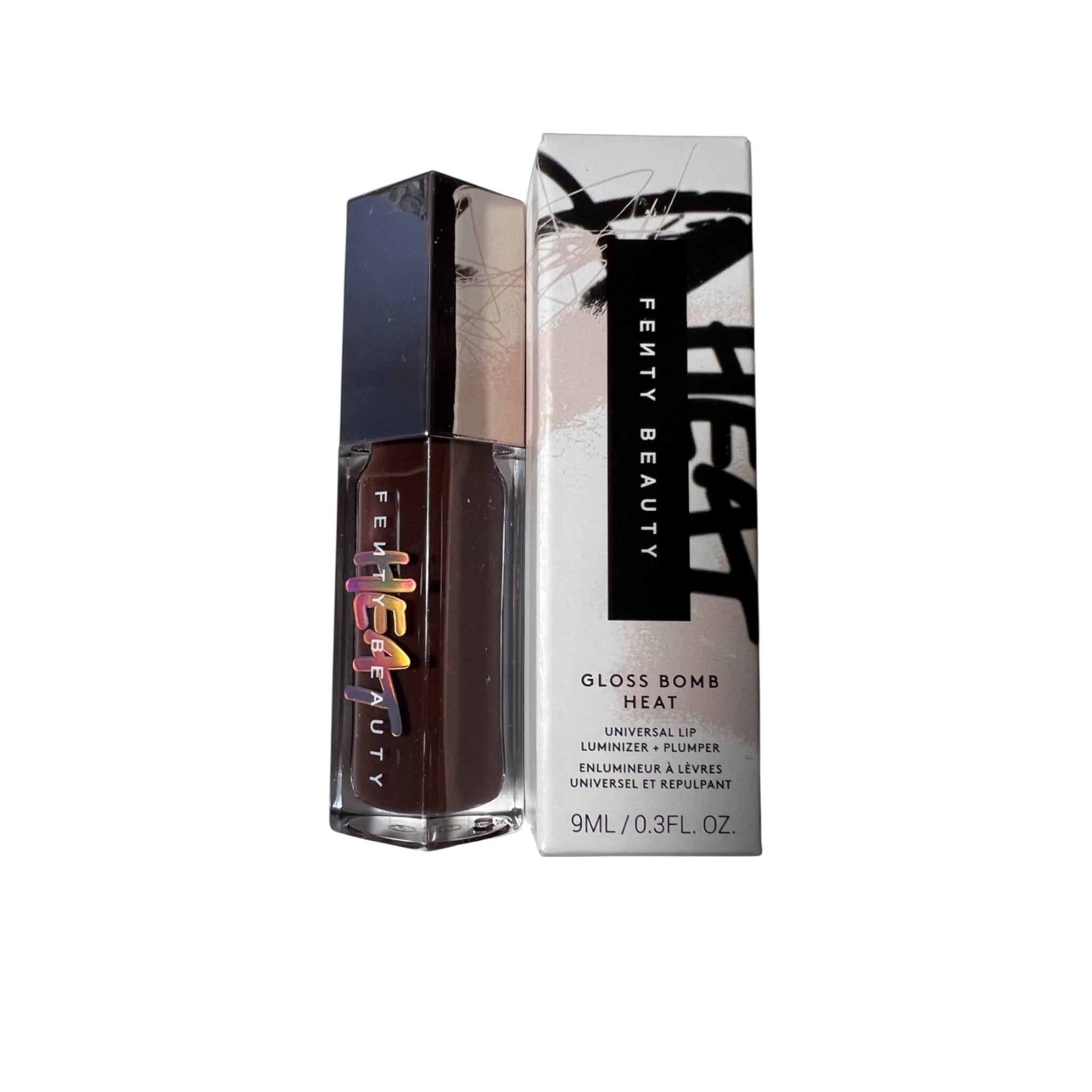 Fenty Beauty Gloss Bomb Heat lip gloss with packaging on a white background