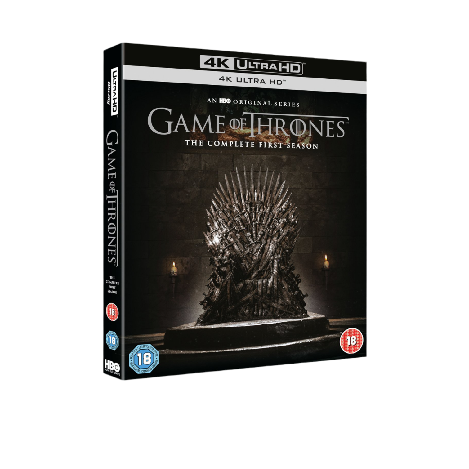 4K Ultra HD Game of Thrones DVD box set with Iron Throne on a white background