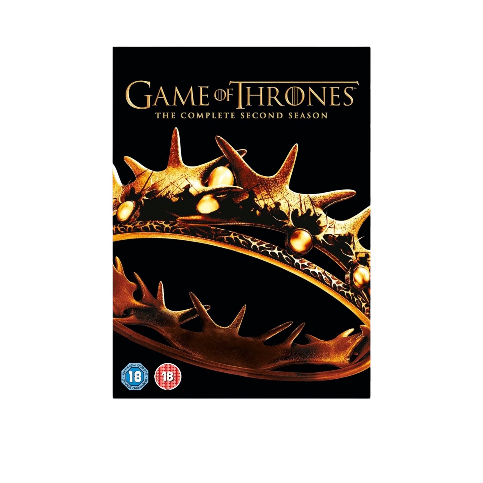 DVD box set cover for 'Game of Thrones' Season 2 with a gold crown design on a black background.