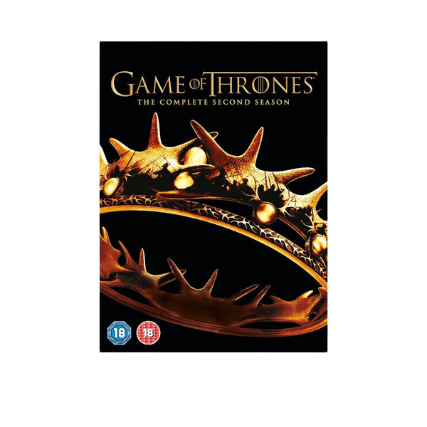 DVD box set cover for 'Game of Thrones' Season 2 with a gold crown design on a black background.