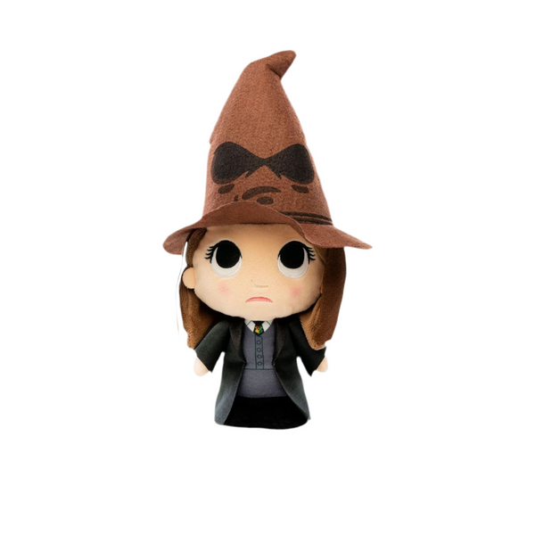 Toy figure of a Hermione Granger wearing sorting hat on a white background