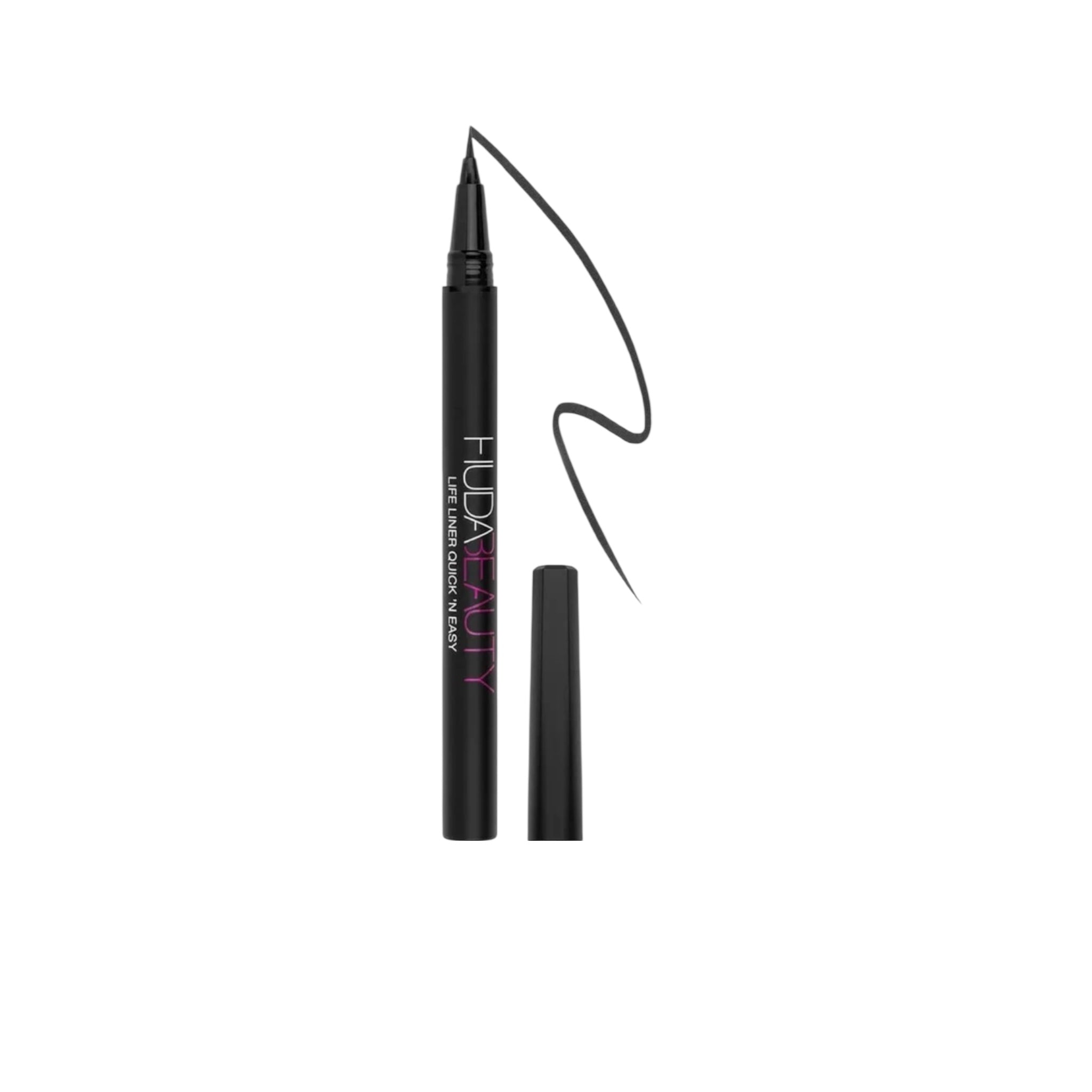 Black eyeliner pen with cap on a white background, featuring Huda Beauty branding.