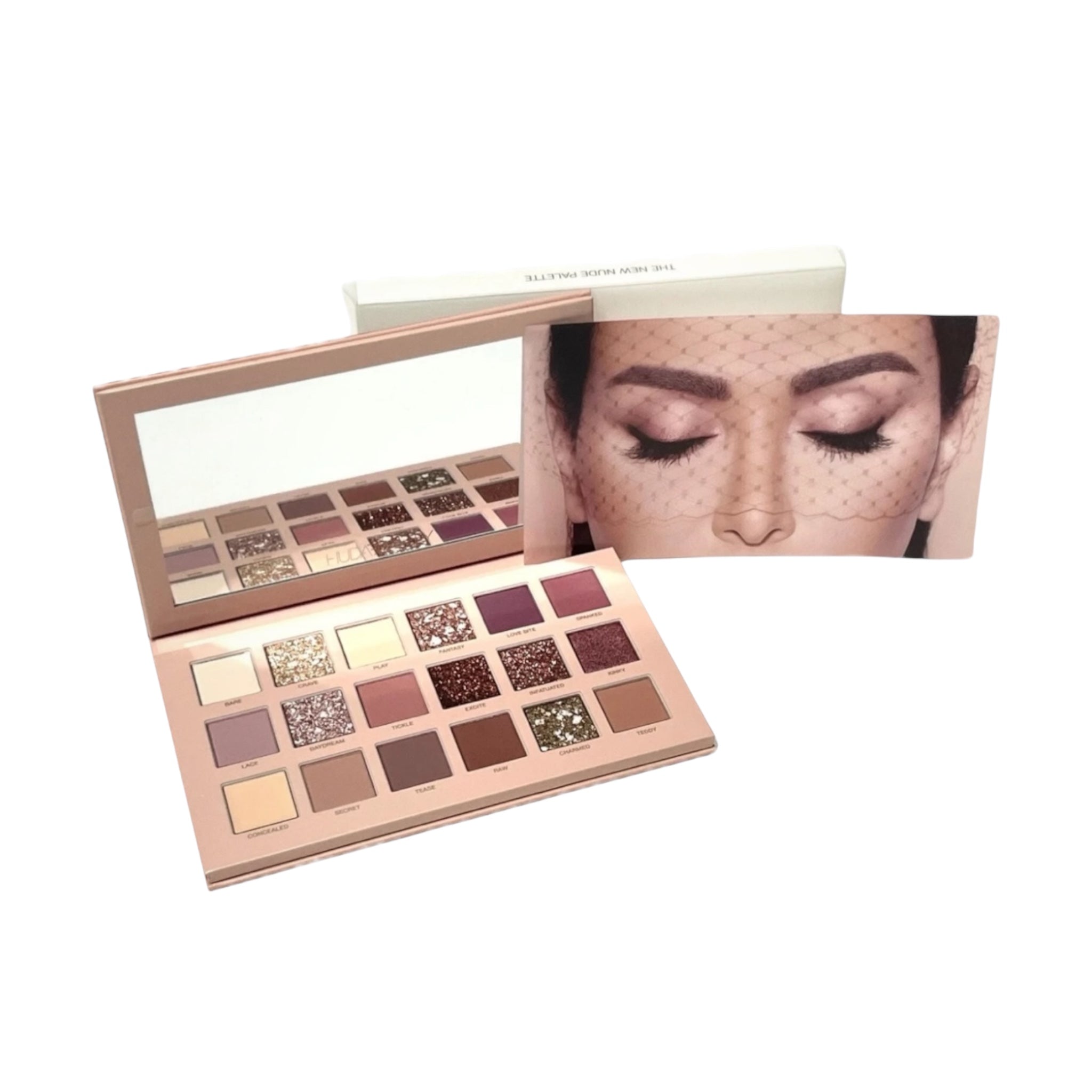 Makeup palette with a close-up of eyes wearing the makeup.