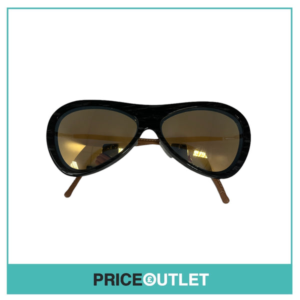 Black Pattern & Tan Leather Glasses With Reflective Lens
