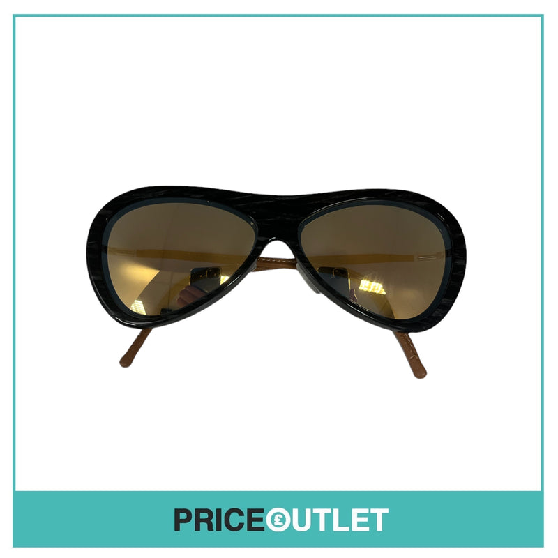 Black Pattern & Tan Leather Glasses With Reflective Lens