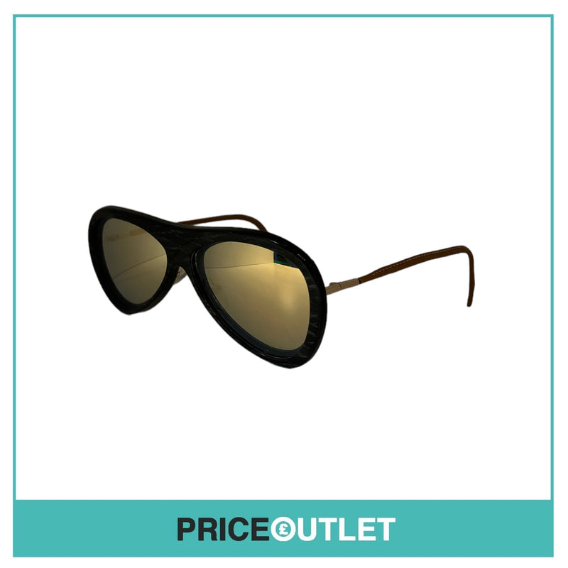 Black Pattern & Tan Leather Glasses With Reflective Lens