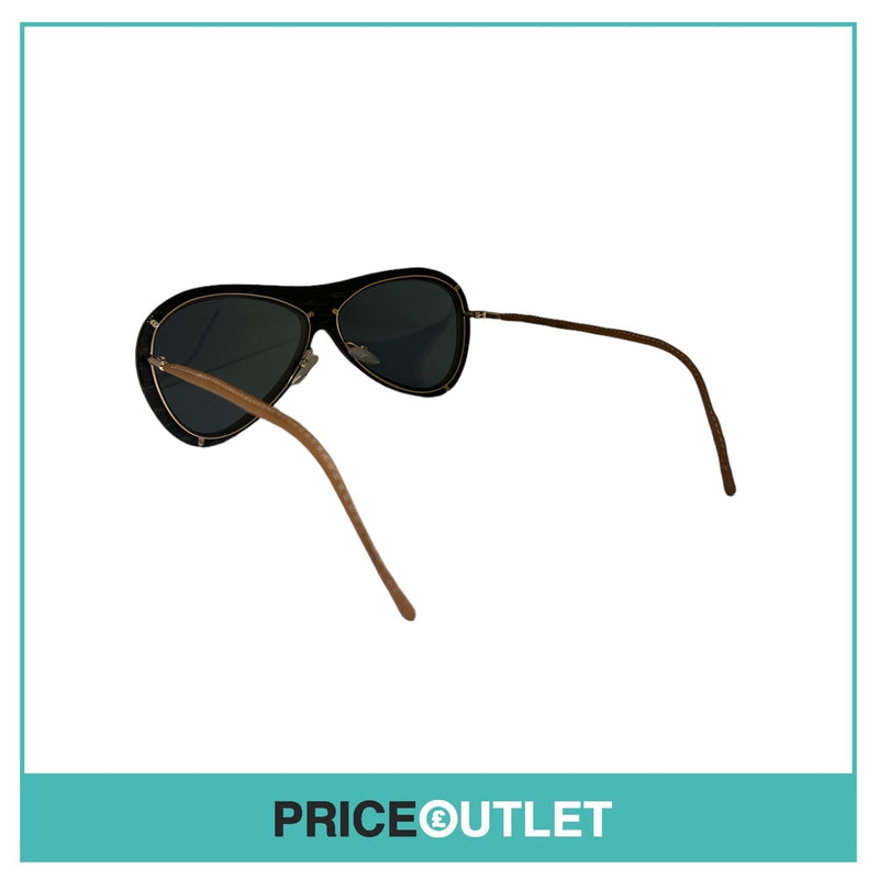 Black Pattern & Tan Leather Glasses With Reflective Lens