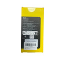 Yellow phone case packaging with black text on a white background