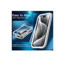 Phone screen protector packaging with installation instructions on a blue background