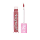 Lip gloss with pink case and applicator on a white background