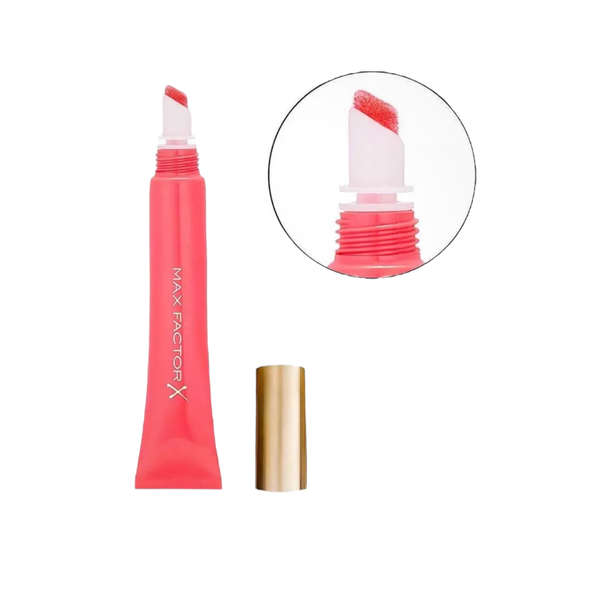 Max Factor lip gloss with pink tube and gold cap on a white background