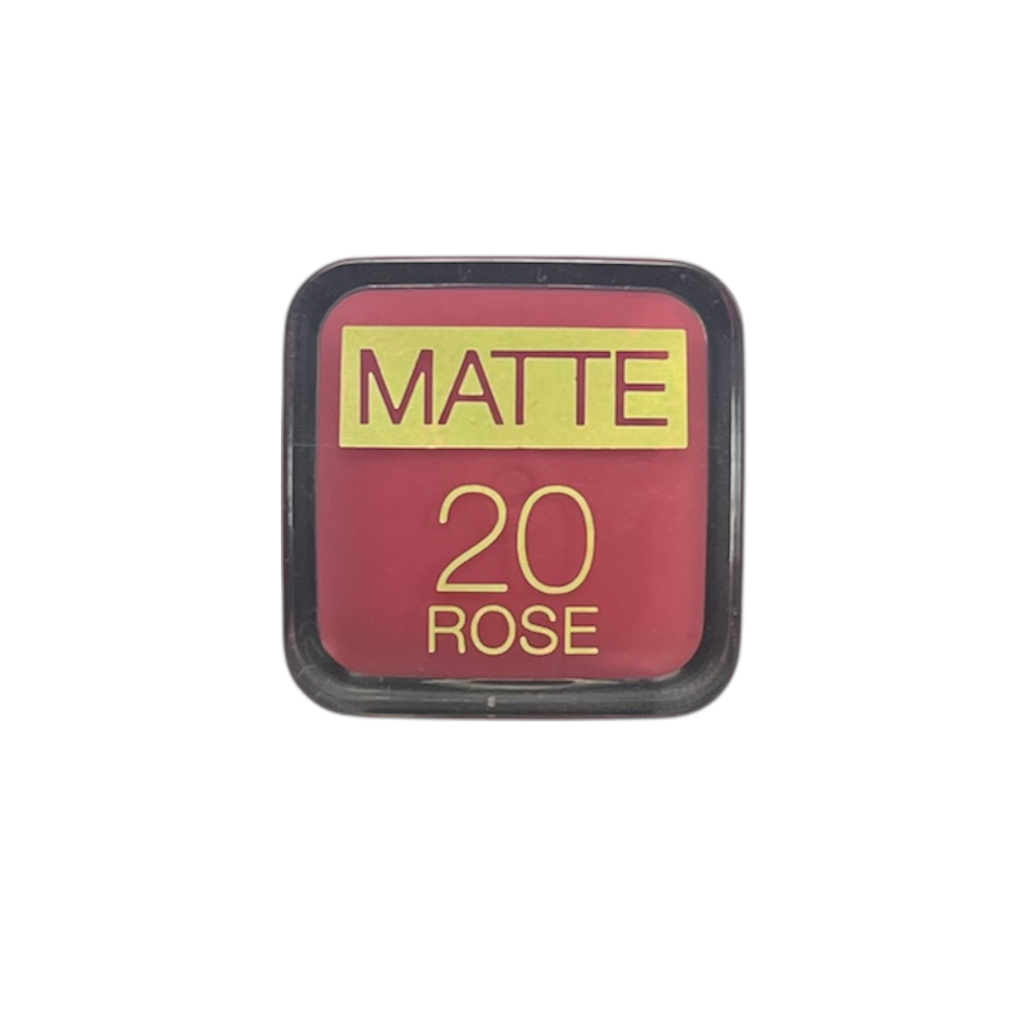 Makeup compact labeled 'Matte 20 Rose' on a white background