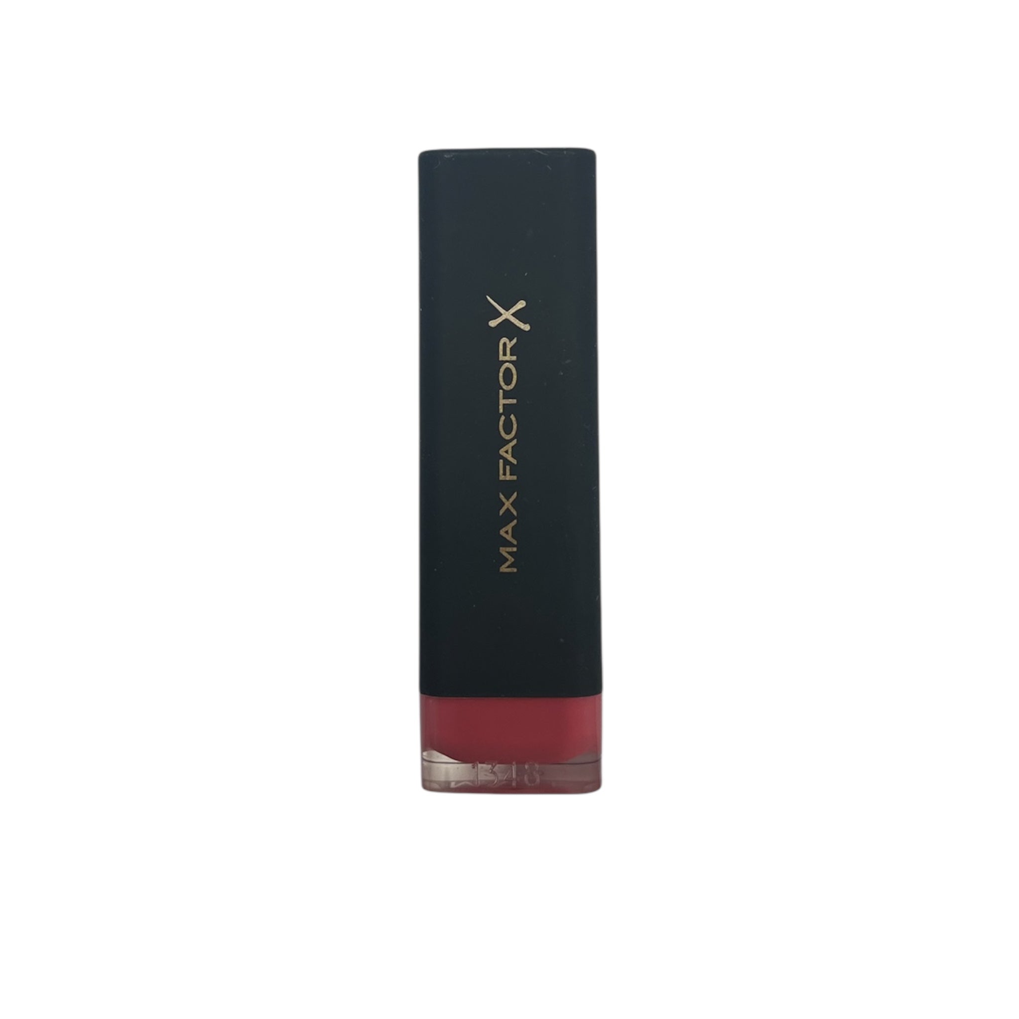 Max Factor lipstick with black casing and red lipstick on a white background
