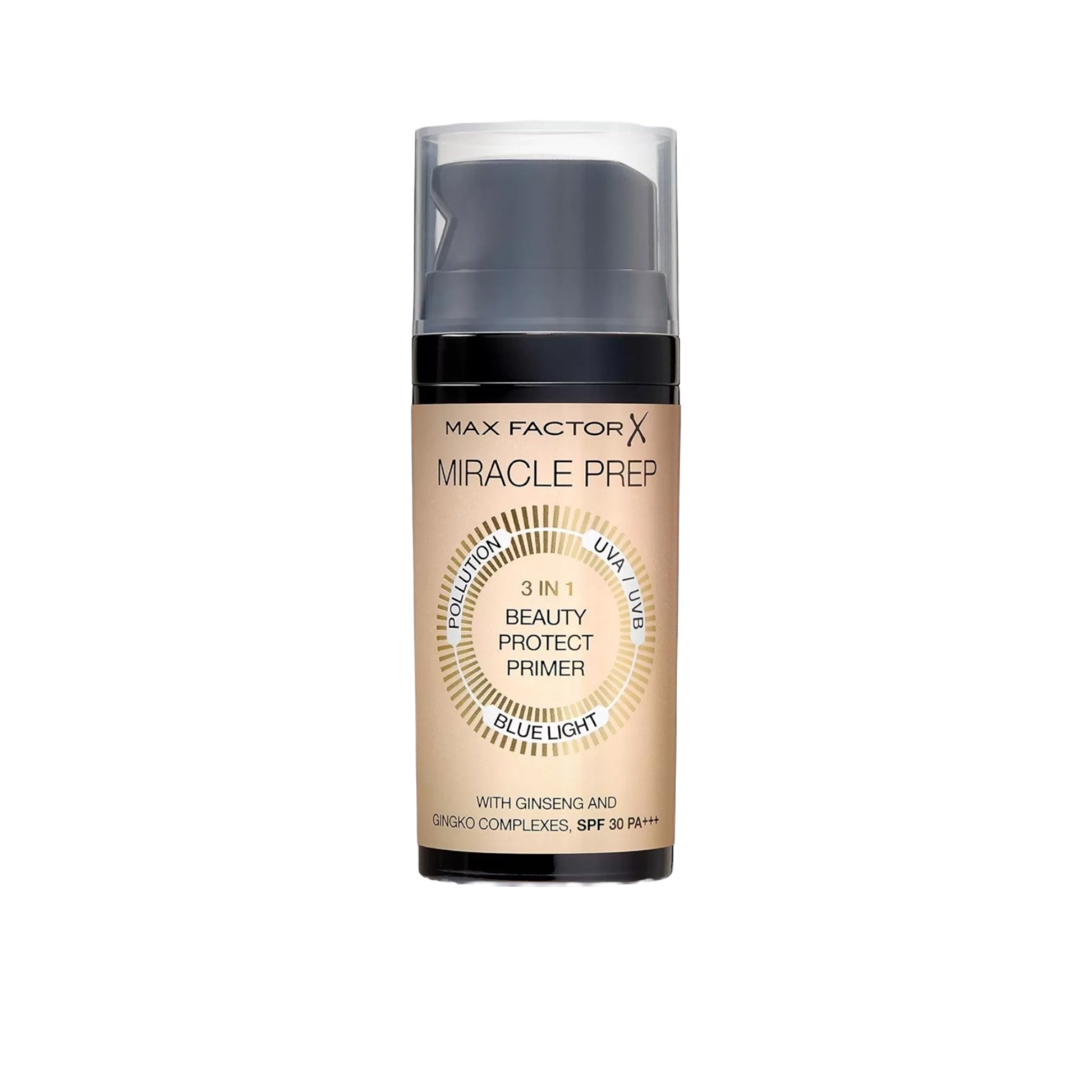 Max Factor Miracle Prep beauty primer bottle on a white background